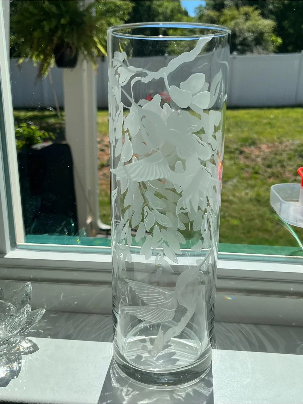 Etched Hummingbird Cylinder Glass Vase w/ Matching Wine Glass - Picture 9 of 15